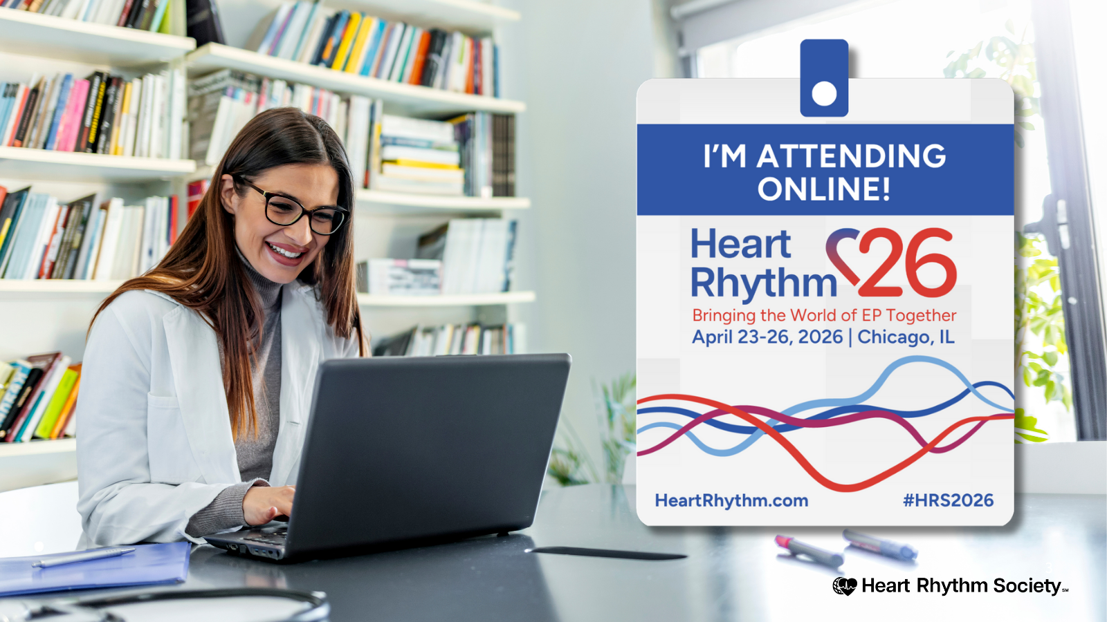 Female doctor on laptop with Heart Rhythm 2026 online attendee badge