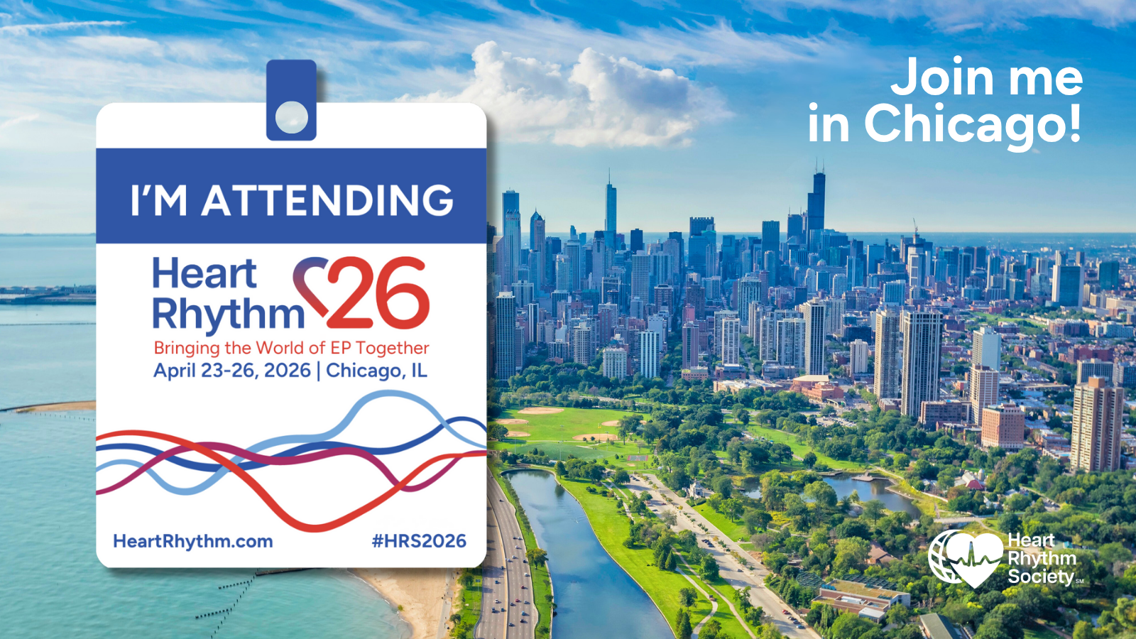"Im Attending" attendee badge against Chicago background